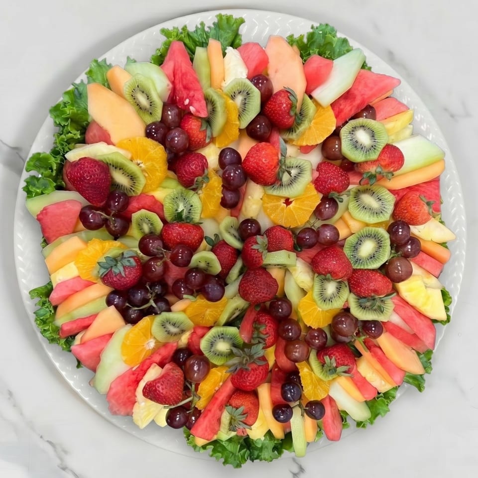 A vibrant fruit platter with strawberries, kiwi, grapes, watermelon, cantaloupe, and oranges on lettuce.