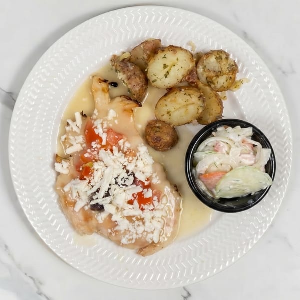 Chicken breast topped with feta, tomatoes, and olives, served with roasted potatoes and coleslaw.