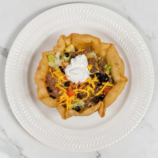 A taco salad in a crispy fried tortilla bowl, topped with sour cream, on a white plate.